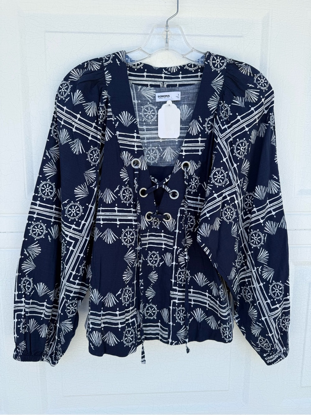Sonoma Womens Navy Blue Nautical Print Blouse Puff Sleeve Top Sz S